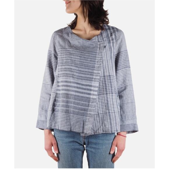 OSKA 100% Linen Blue Gray Plaid Asymmetric Boxy Minimalist Jacket sz 2 fits 8 10 - Picture 1 of 15